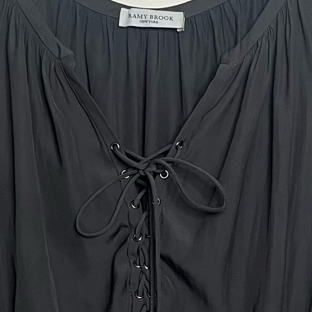 Ramy Brook Allie Tie-Front Lace Up Satin Dress Gunmetal Black Medium Boho Chic - Picture 6 of 12